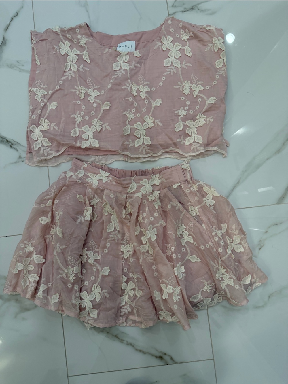 MABLE Pink Floral Embroidered Two-Piece Skirt Set